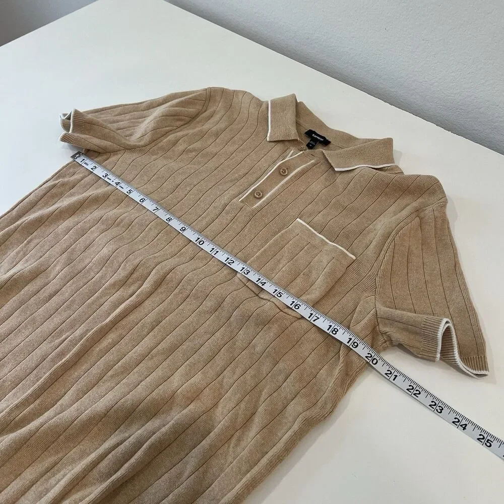 express Men’s short sleeve sweater polo johnny collar Tan Medium Preppy Career